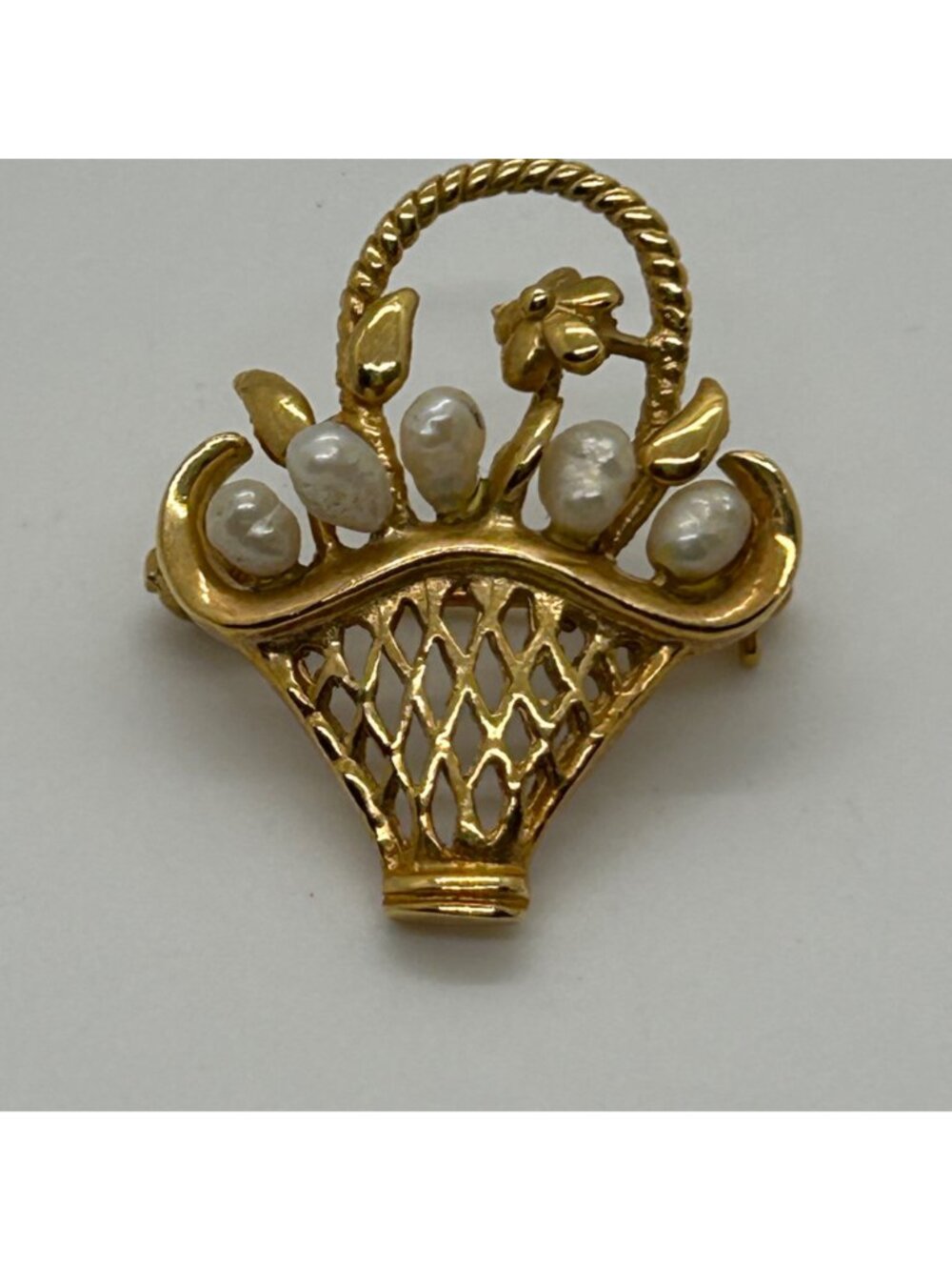 Vintage Gold-Tone Flower Basket Brooch Freshwater Pearl Filigree Retro Floral - Picture 9 of 10
